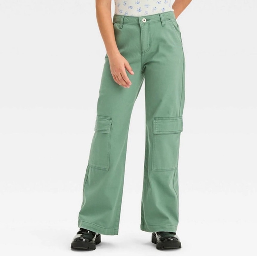 Girls Art Class Mid Rise Wide Leg Green Cargo Pants